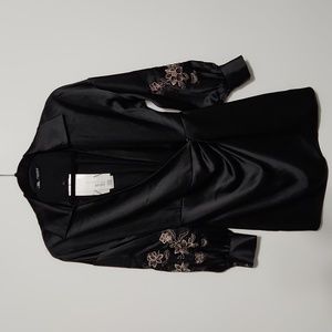 Zara satin black dress with embroidered sleeves
